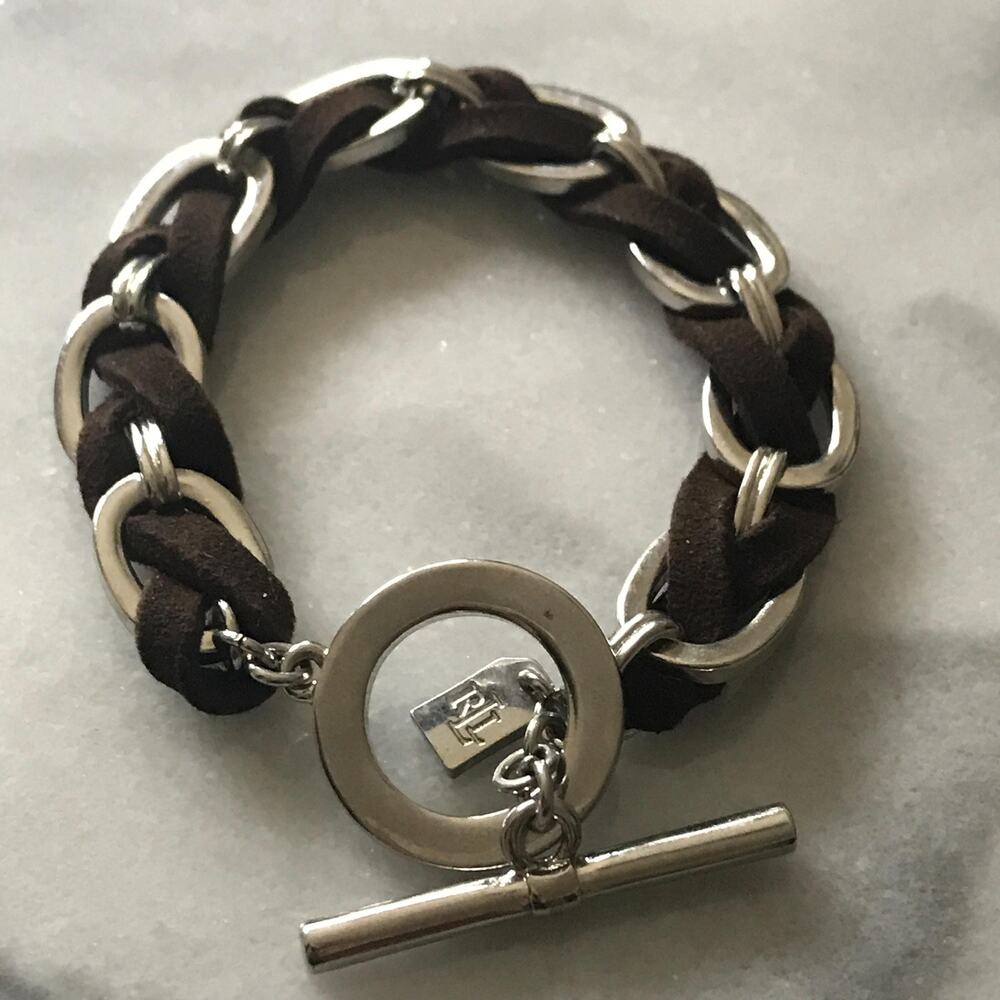 Ralph Lauren RLL Silver Tone & Brown Leather/Suede - Toggle Bracelet -Equestrian